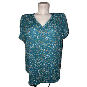 New 41 HAWTHORN Top Size 1X Green Orange Print Tulip Short Sleeve Blouse Tunic
